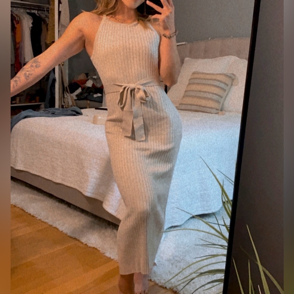 High neck ribbed belted midi dress